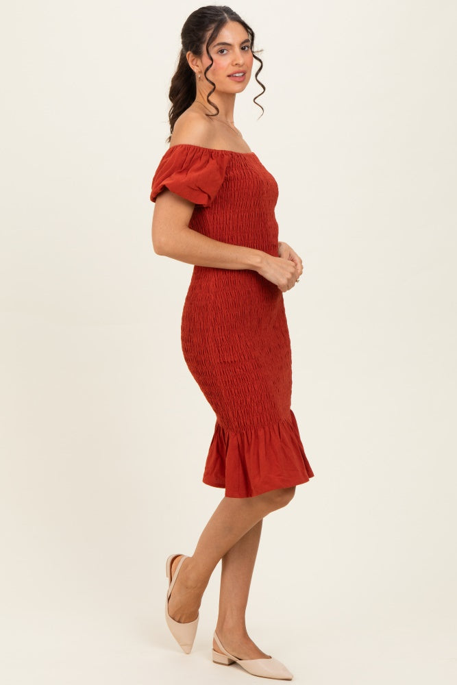 Rust Smocked Off Shoulder Ruffle Hem Dress