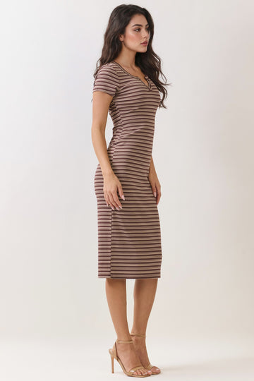 Dark Brown Striped Henley Midi Dress