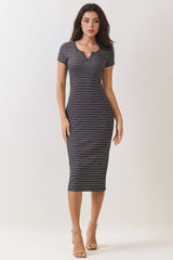 Charcoal Striped Henley Maternity Midi Dress