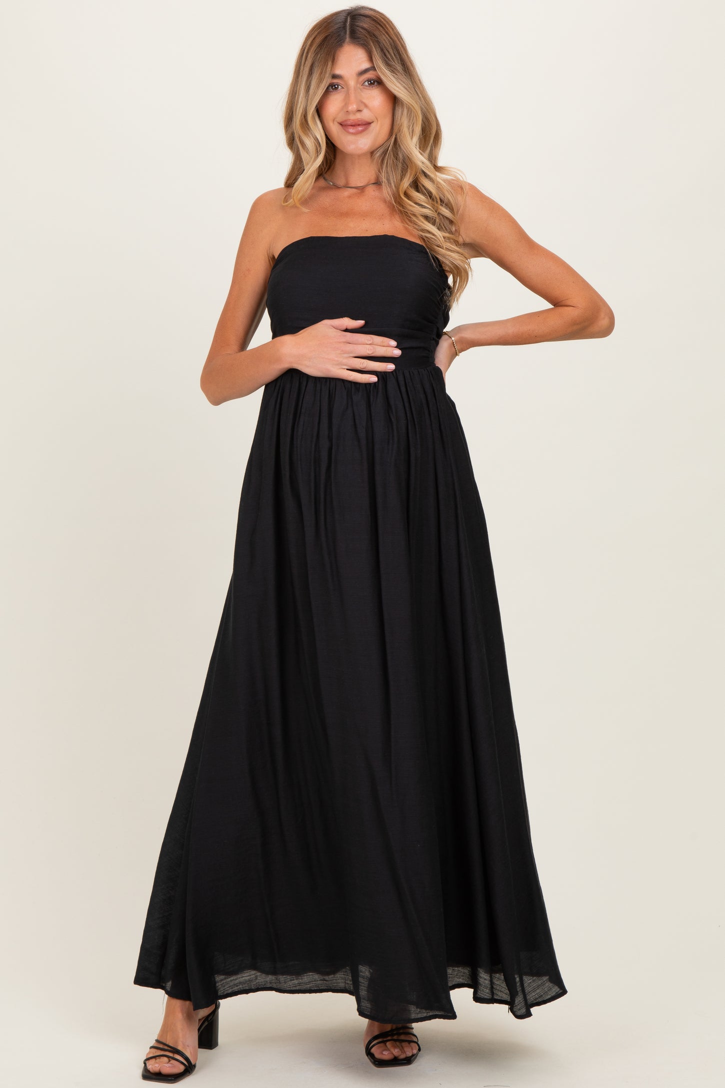 Black Strapless Tie Back Maternity Maxi Dress