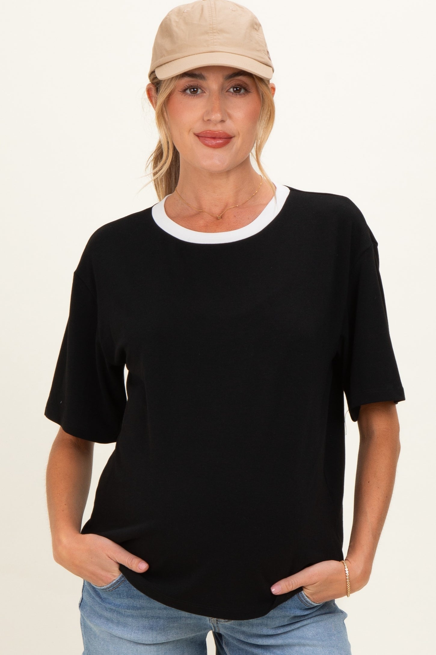 Black Relaxed Fit Contrast Neckline Maternity Tee