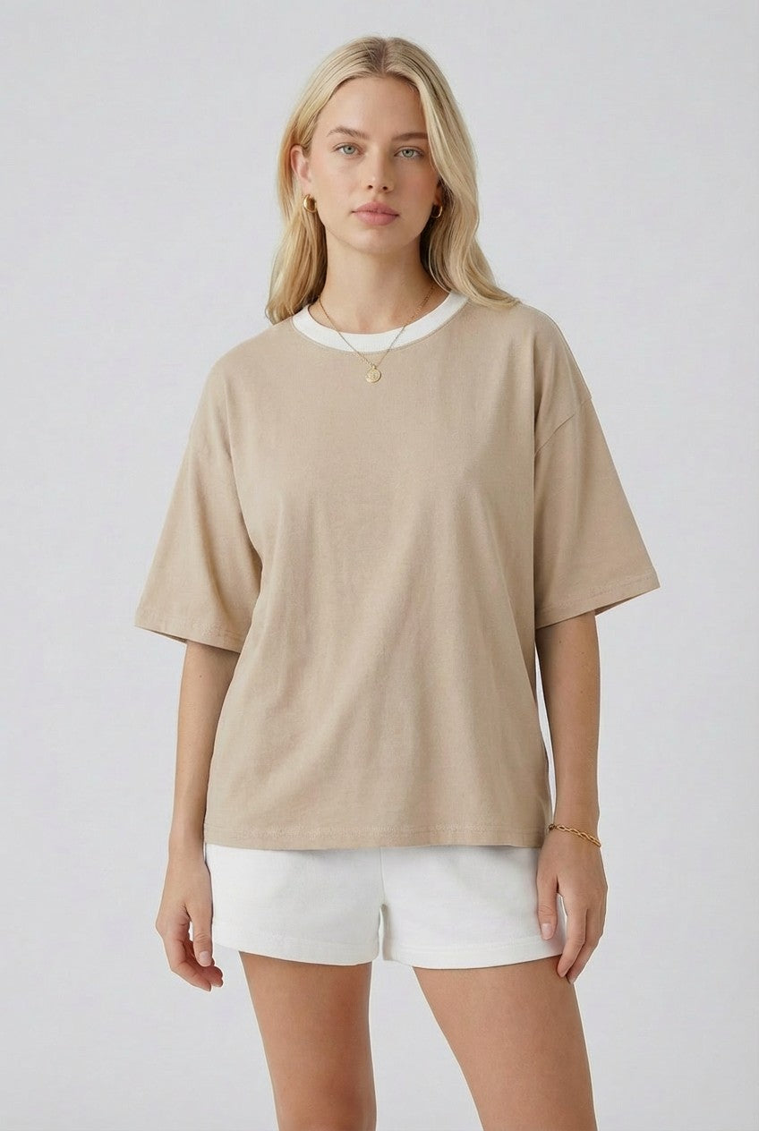 Sand Relaxed Fit Contrast Neckline Tee