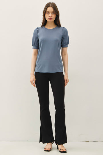 Blue Teal Puff Sleeve Basic Top