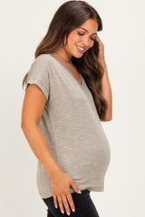 Olive Slub Knit Maternity V-Neck Top