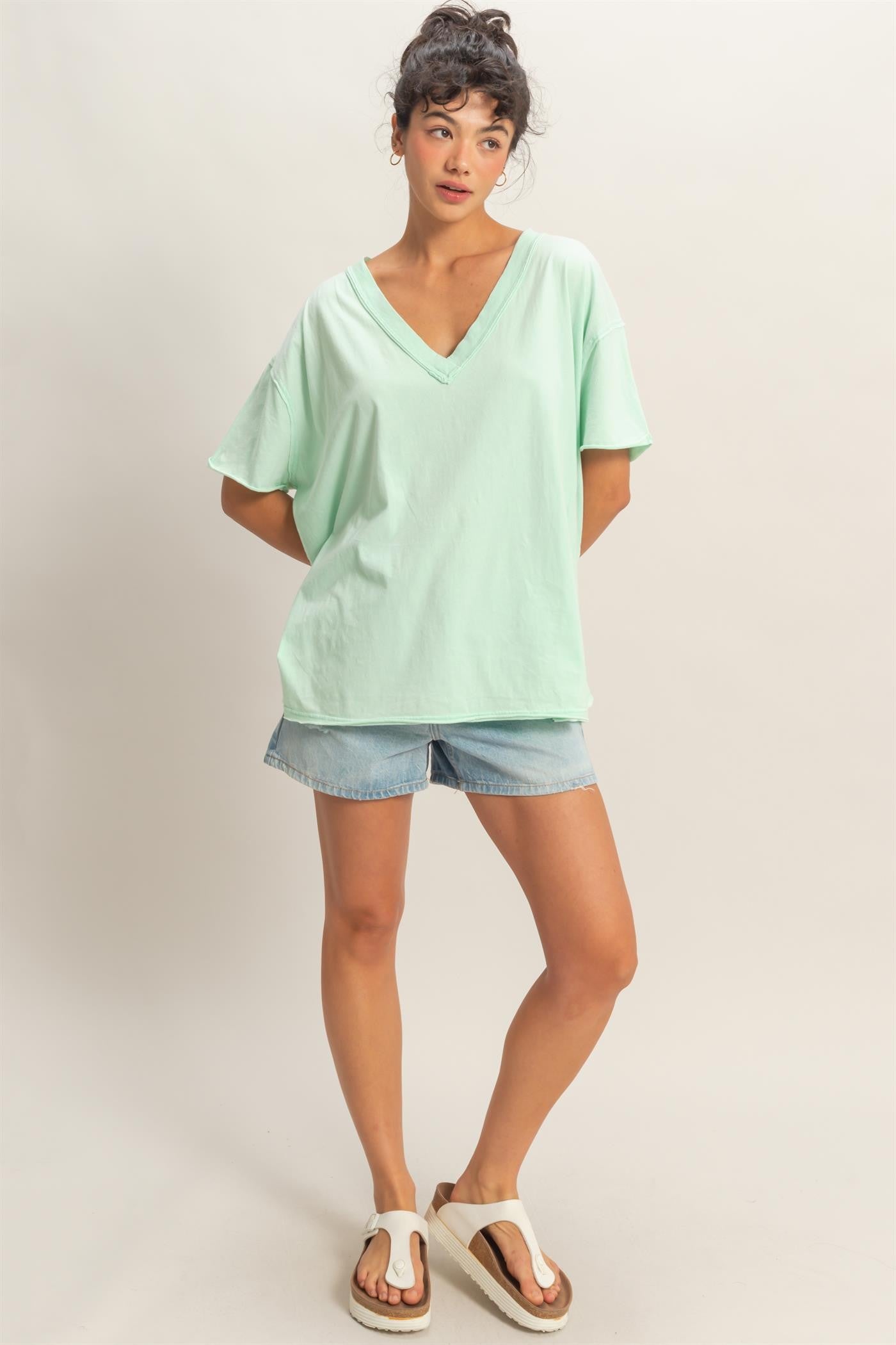 Mint Washed V-Neck Oversized Tee