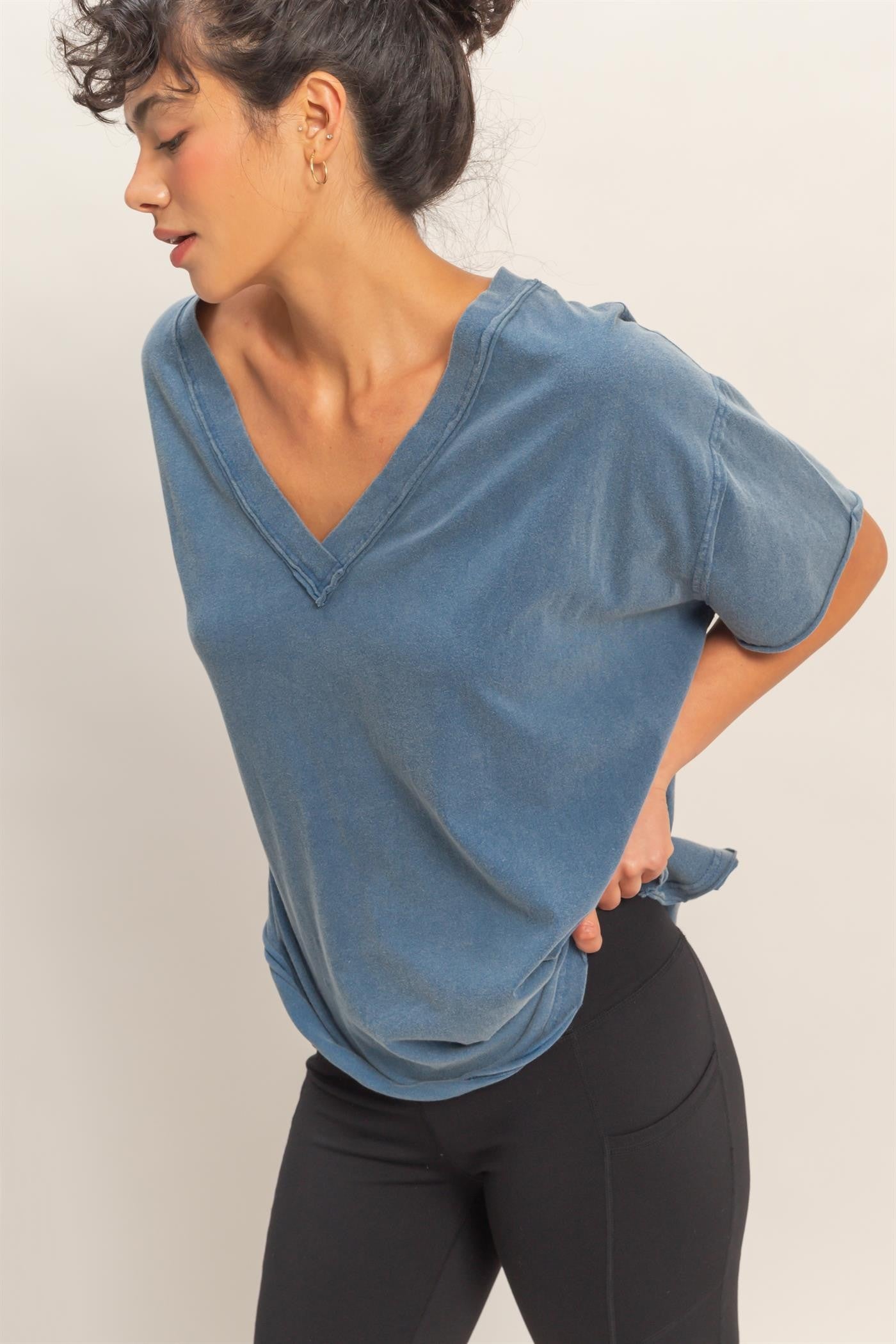 Navy Washed V-Neck Oversized Maternity Tee