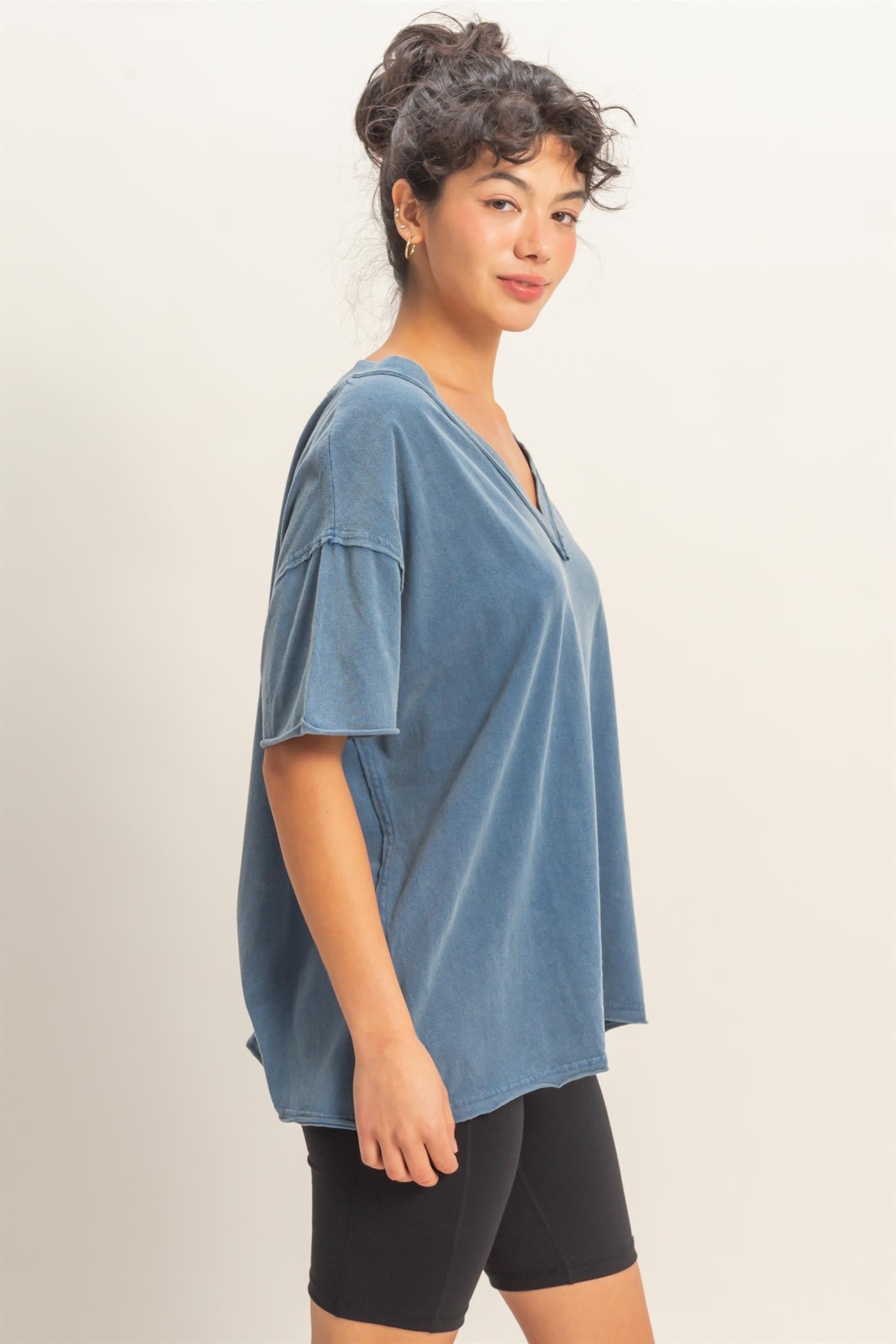 Navy Washed V-Neck Oversized Tee