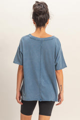 Navy Washed V-Neck Oversized Tee