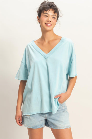 Light Blue Washed V-Neck Oversized Tee