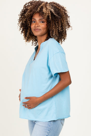 Light Blue Washed V-Neck Oversized Maternity Tee