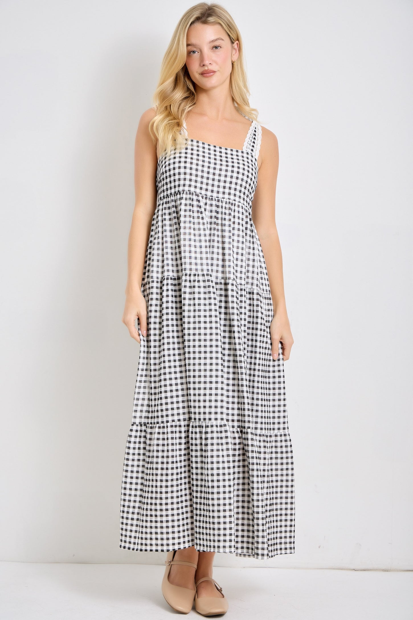 Black Gingham Lace Trim Shoulder Tie Maternity Maxi Dress