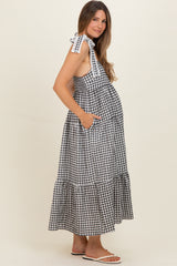 Black Gingham Lace Trim Shoulder Tie Maternity Maxi Dress