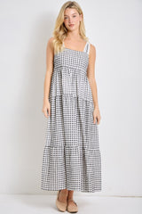 Black Gingham Lace Trim Shoulder Tie Maternity Maxi Dress