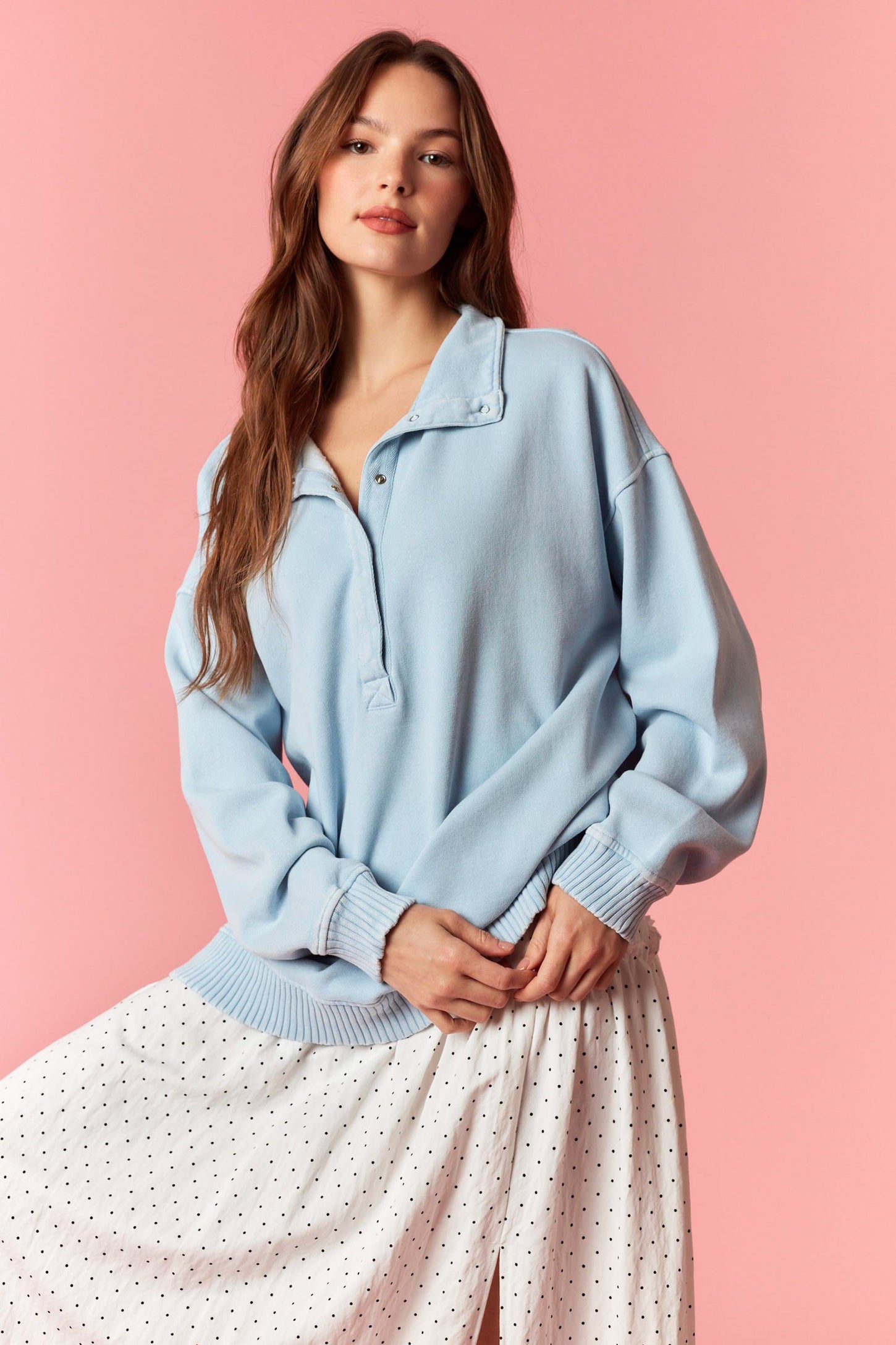 Light Blue Snap Collar Oversized Maternity Sweatshirt