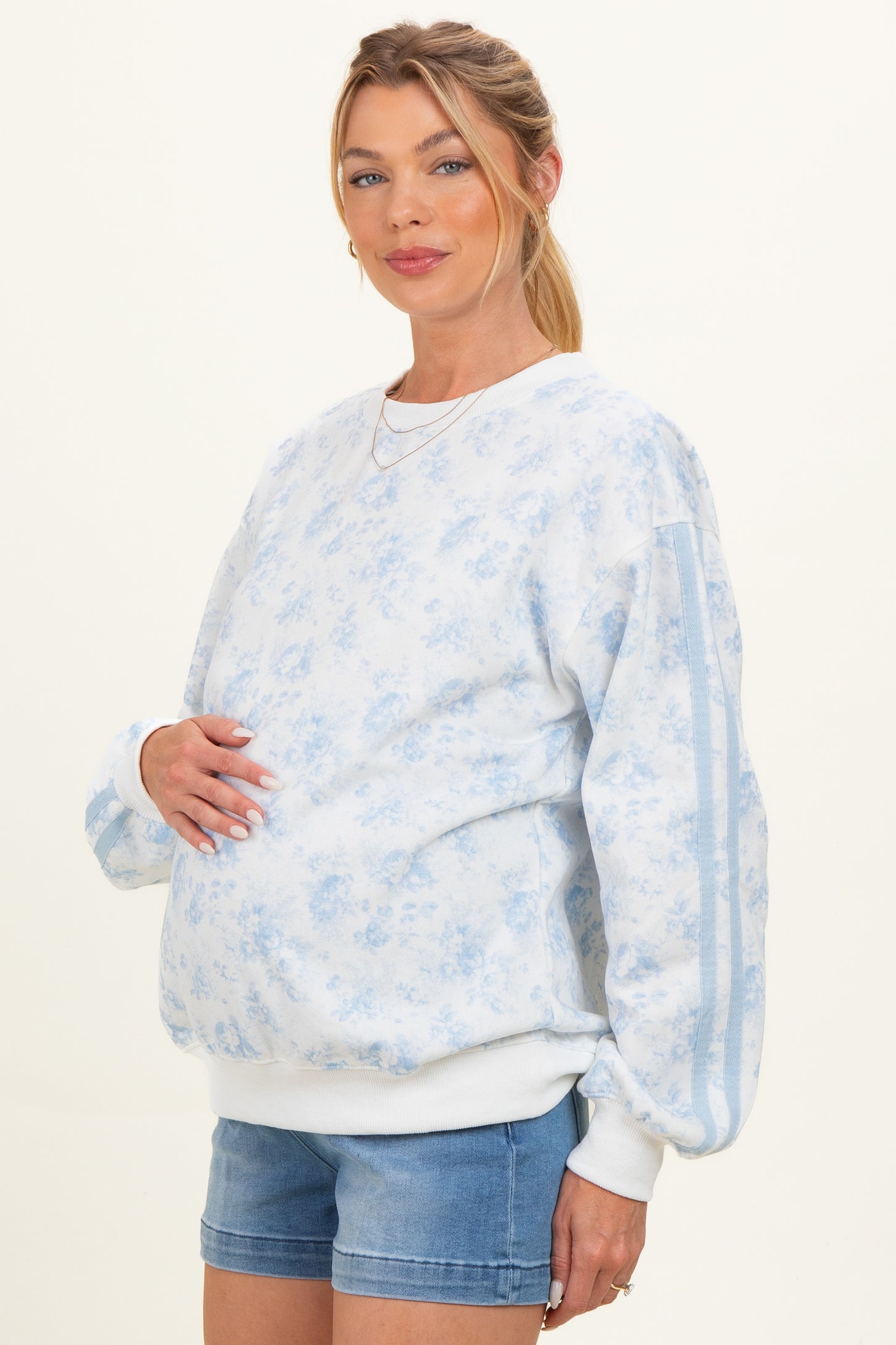 Light Blue Floral French Terry Maternity Sweatshirt