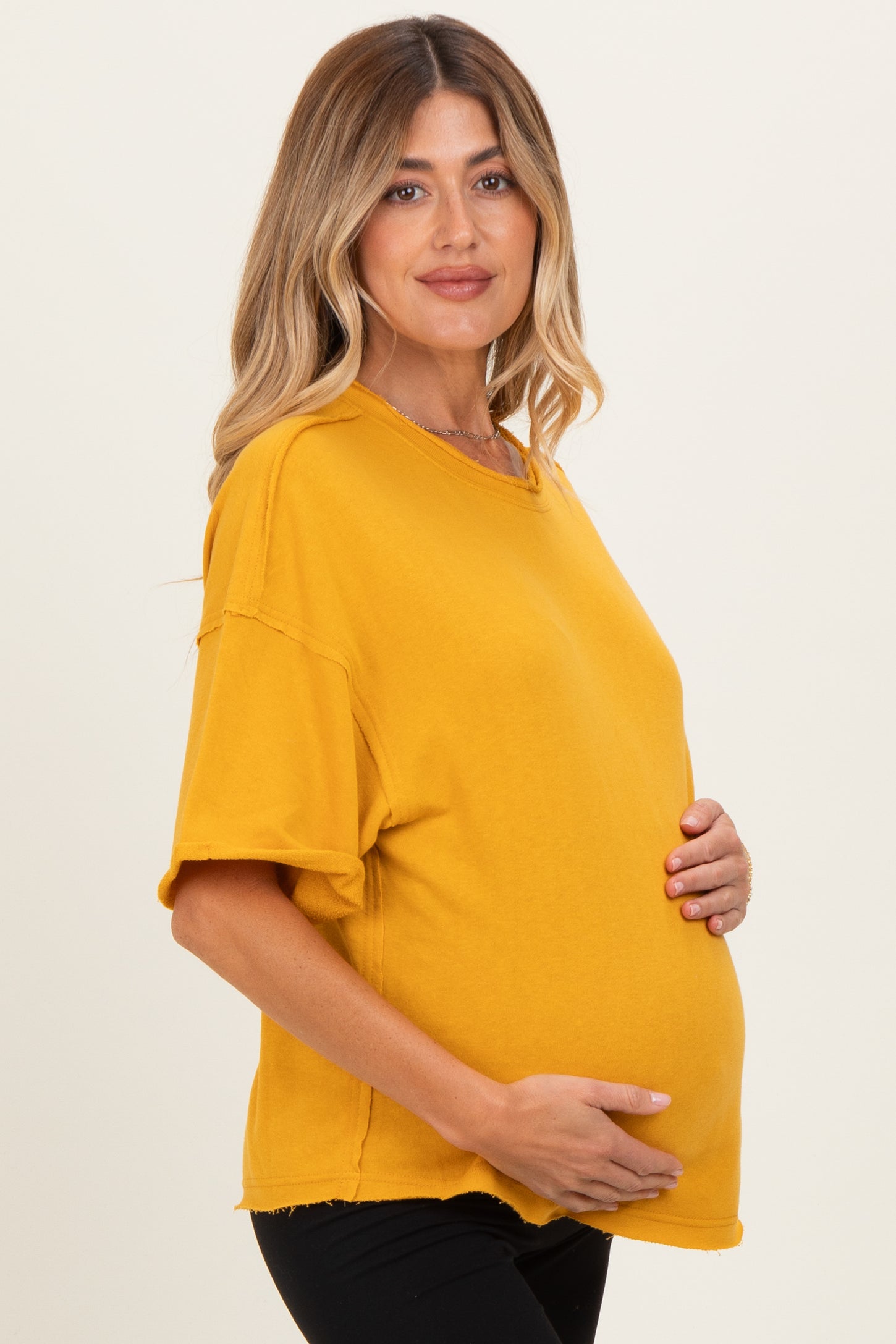 Mustard Raw Cut Edge Maternity Boxy Tee