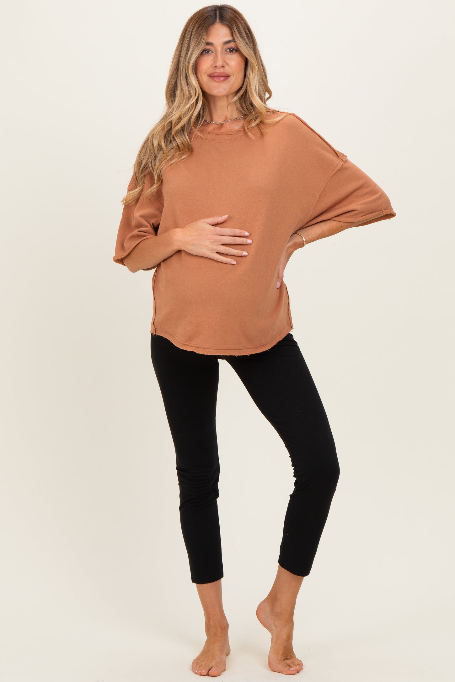 Mocha Raw Cut Edge Maternity Boxy Tee