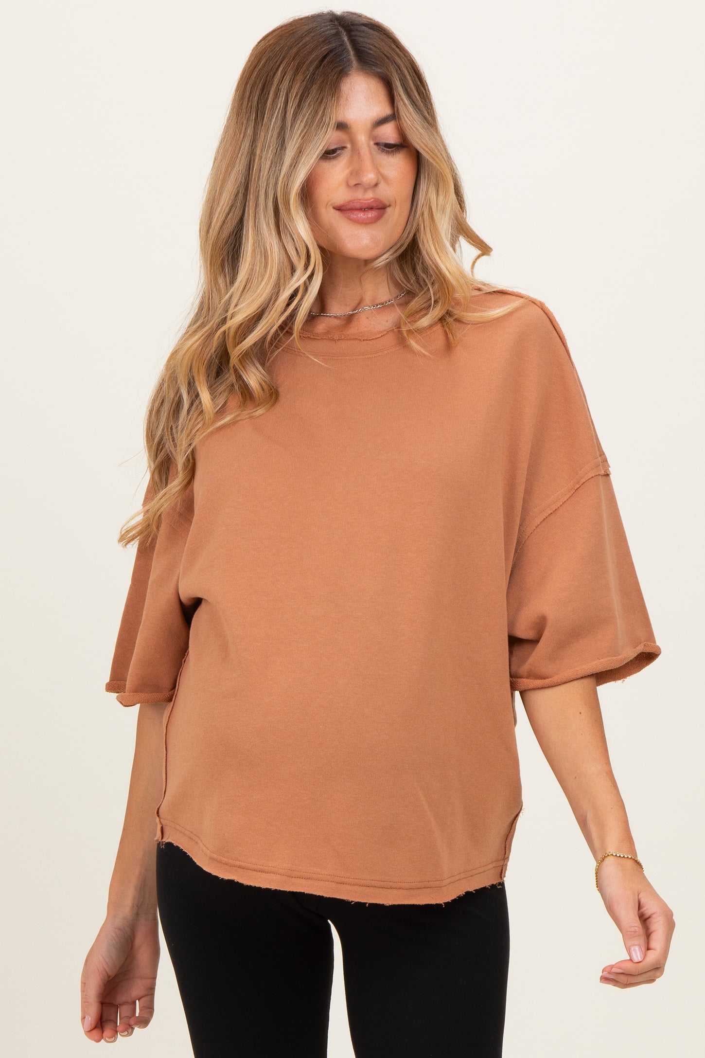 Mocha Raw Cut Edge Maternity Boxy Tee