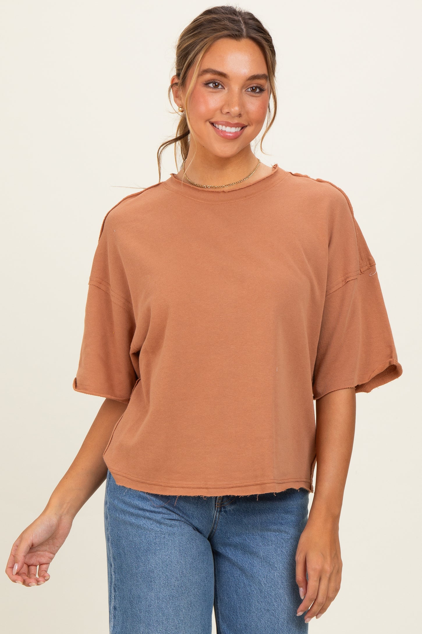 Mocha Raw Cut Edge Boxy Tee