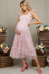 Light Pink Smocked Polka Dot Tulle Maternity Midi Dress