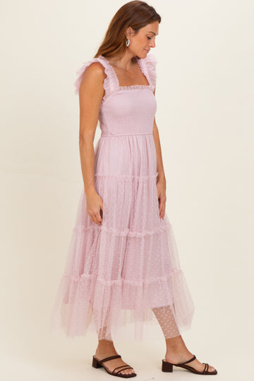 Light Pink Smocked Polka Dot Tulle Midi Dress