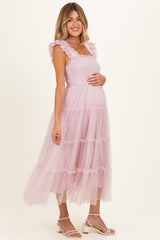 Light Pink Smocked Polka Dot Tulle Maternity Midi Dress