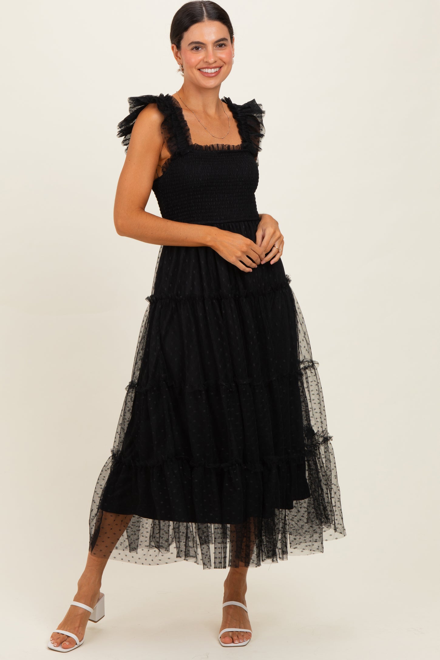 Black Smocked Polka Dot Tulle Midi Dress