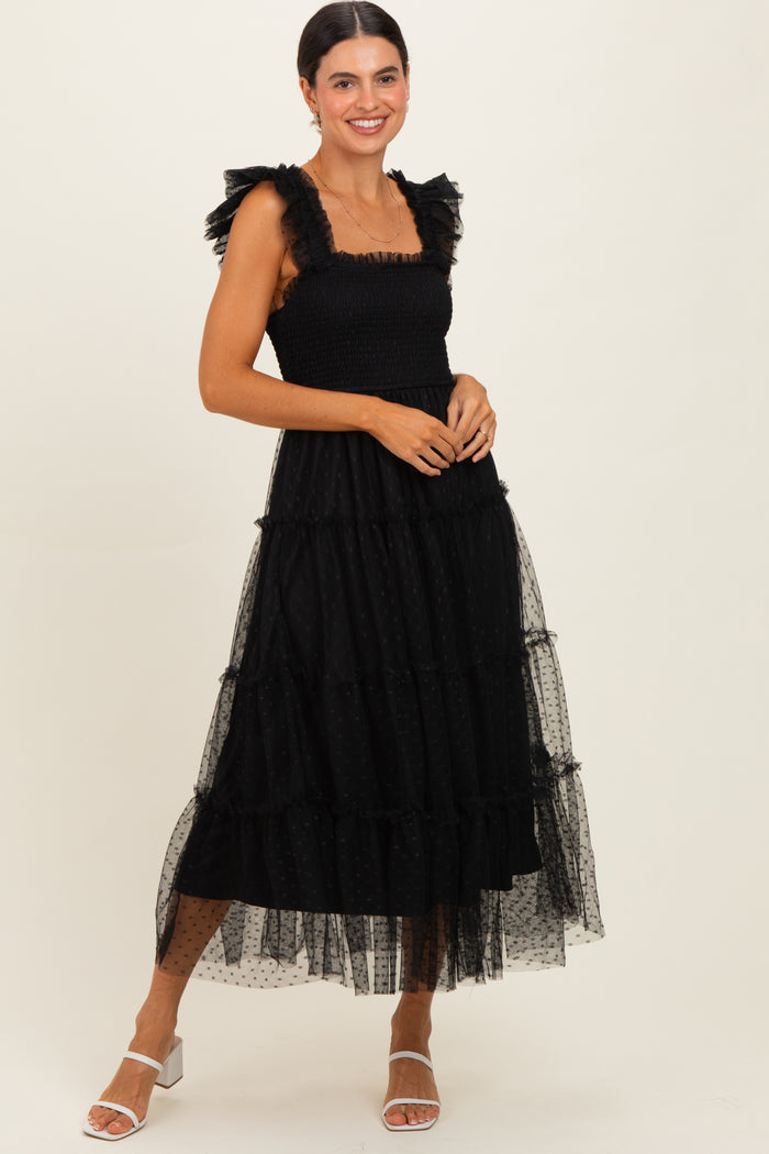 Black Smocked Polka Dot Tulle Midi Dress