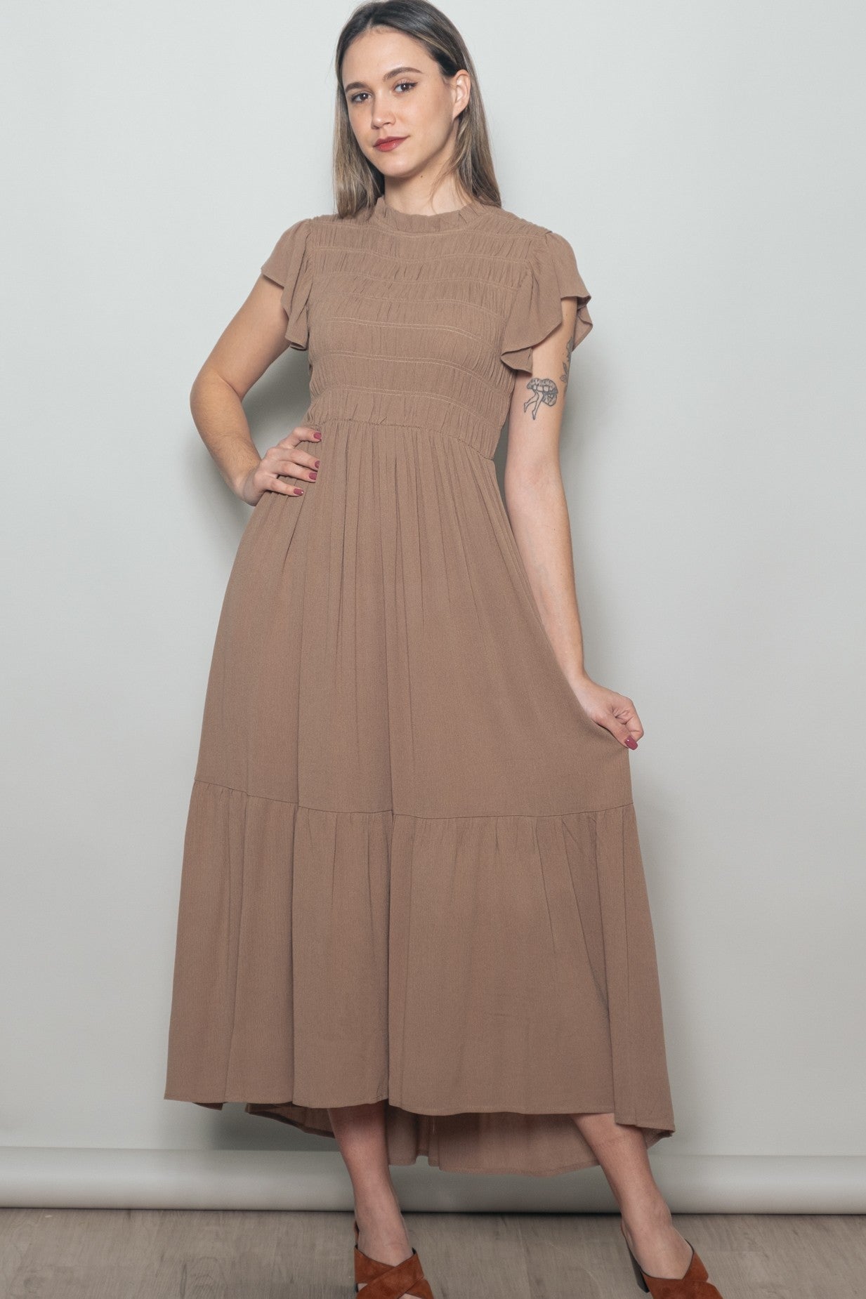 Mocha Mock Neck Flutter Sleeve Smocked Maternity Maxi Dress