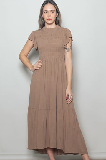 Mocha Mock Neck Flutter Sleeve Smocked Maxi Dress