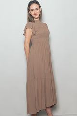 Mocha Mock Neck Flutter Sleeve Smocked Maxi Dress