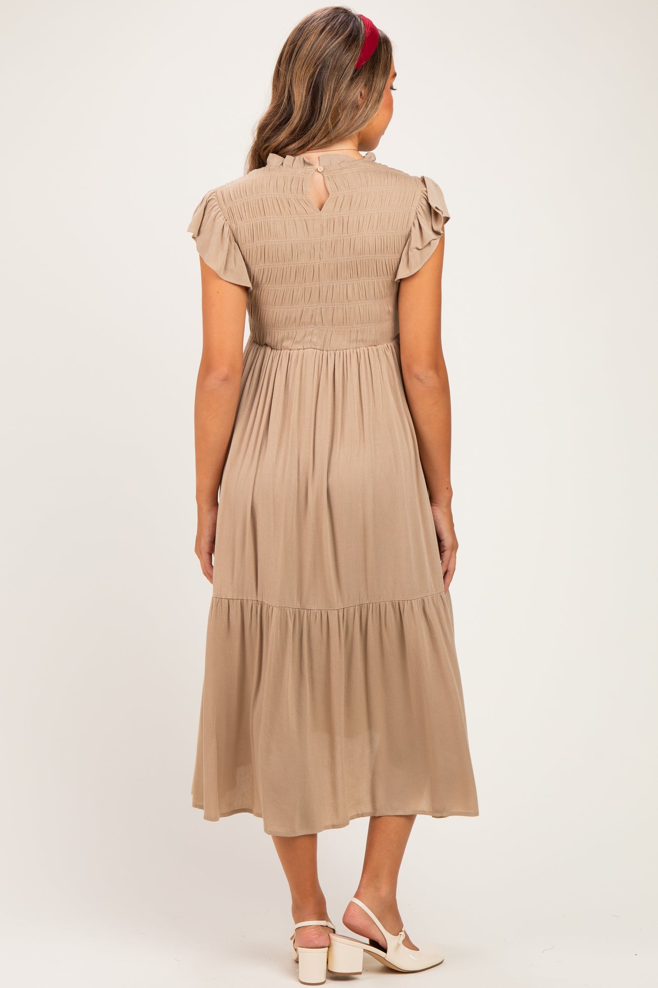Mocha Mock Neck Flutter Sleeve Smocked Maternity Maxi Dress