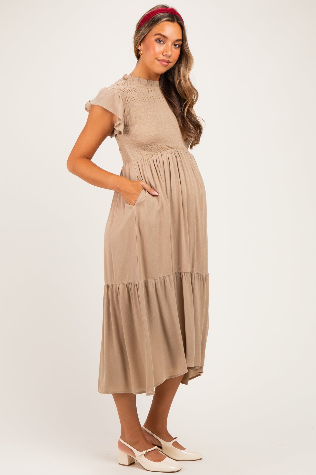 Mocha Mock Neck Flutter Sleeve Smocked Maternity Maxi Dress