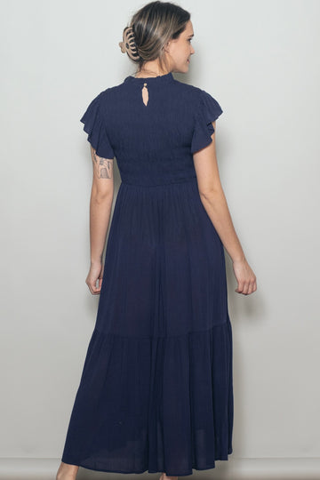 Midnight Mock Neck Flutter Sleeve Smocked Maxi Dress