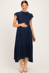 Midnight Mock Neck Flutter Sleeve Smocked Maternity Maxi Dress