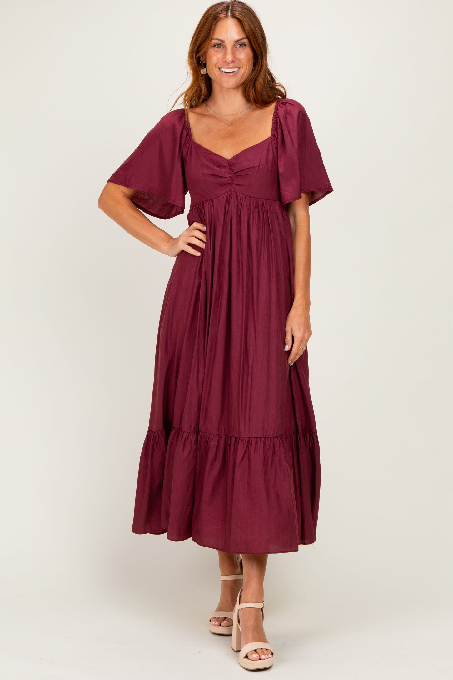 Burgundy Flutter Sleeve Ruffle Hem Midi Dress