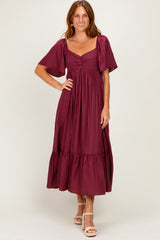 Burgundy Flutter Sleeve Ruffle Hem Maternity Midi Dress
