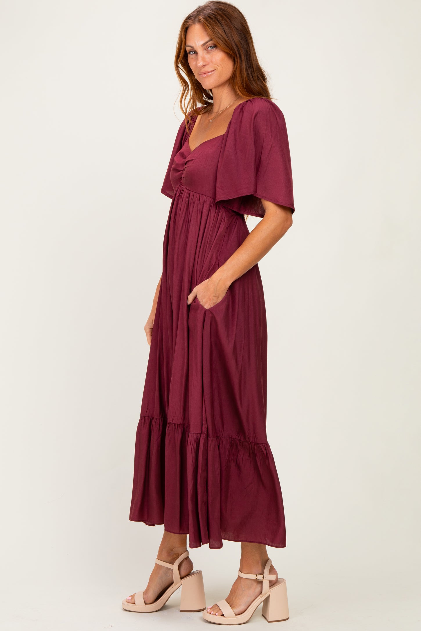 Burgundy Flutter Sleeve Ruffle Hem Midi Dress
