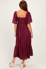Burgundy Flutter Sleeve Ruffle Hem Midi Dress