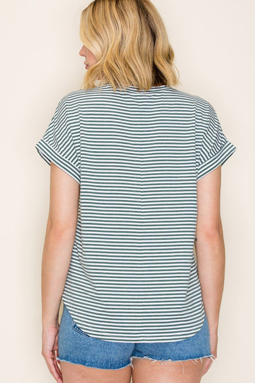 Green Striped Short Sleeve Top