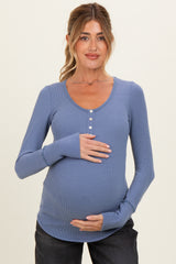 Denim Blue Ribbed Henley Maternity Top