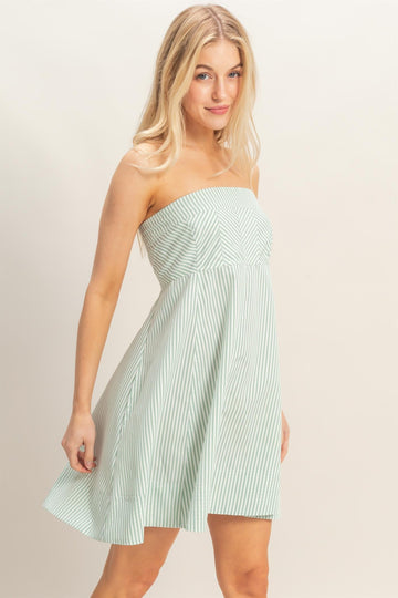 Sage Striped Strapless A-Line Dress