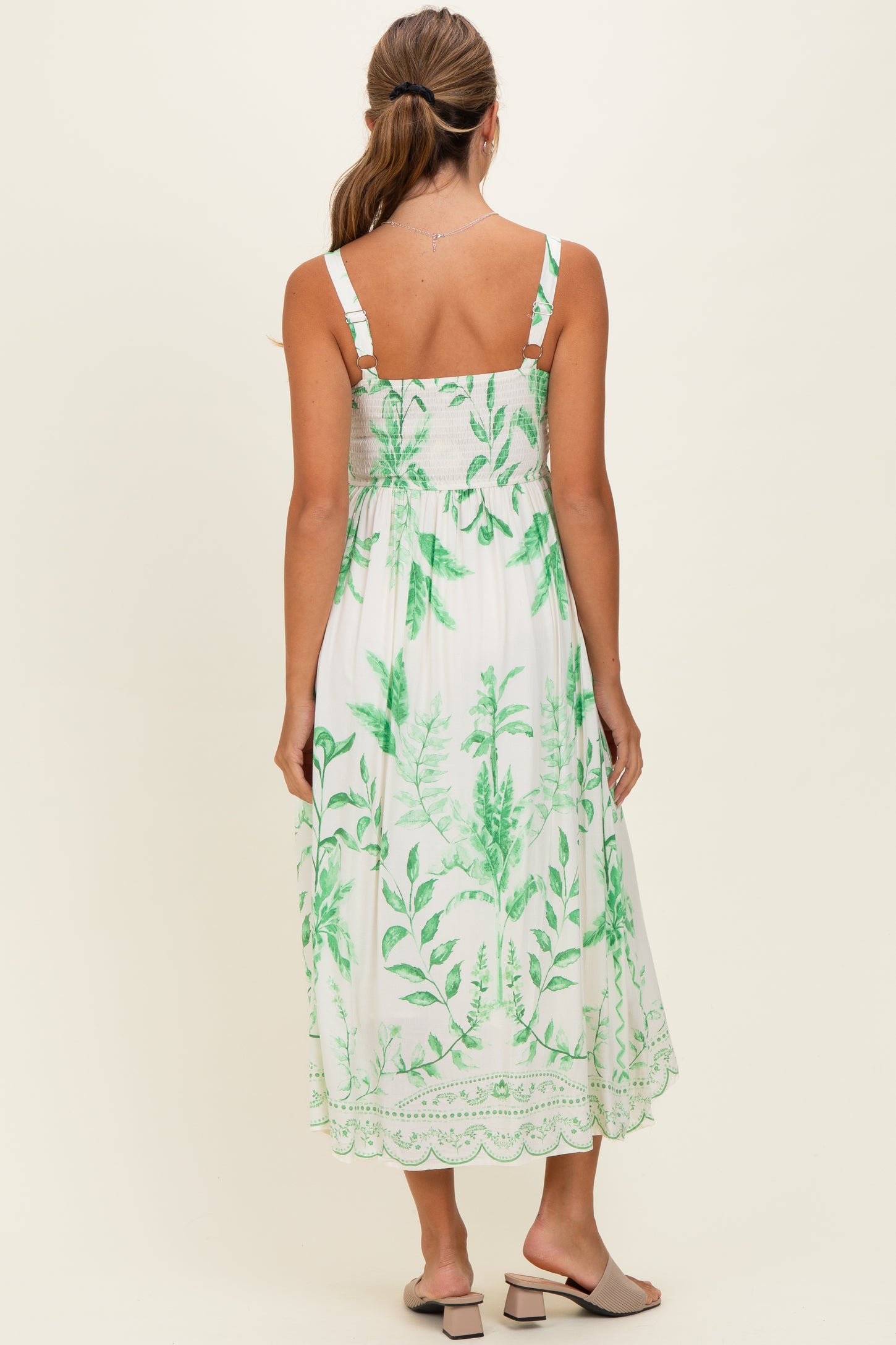 Green Printed Scallop Detail Sleeveless Midi Dress