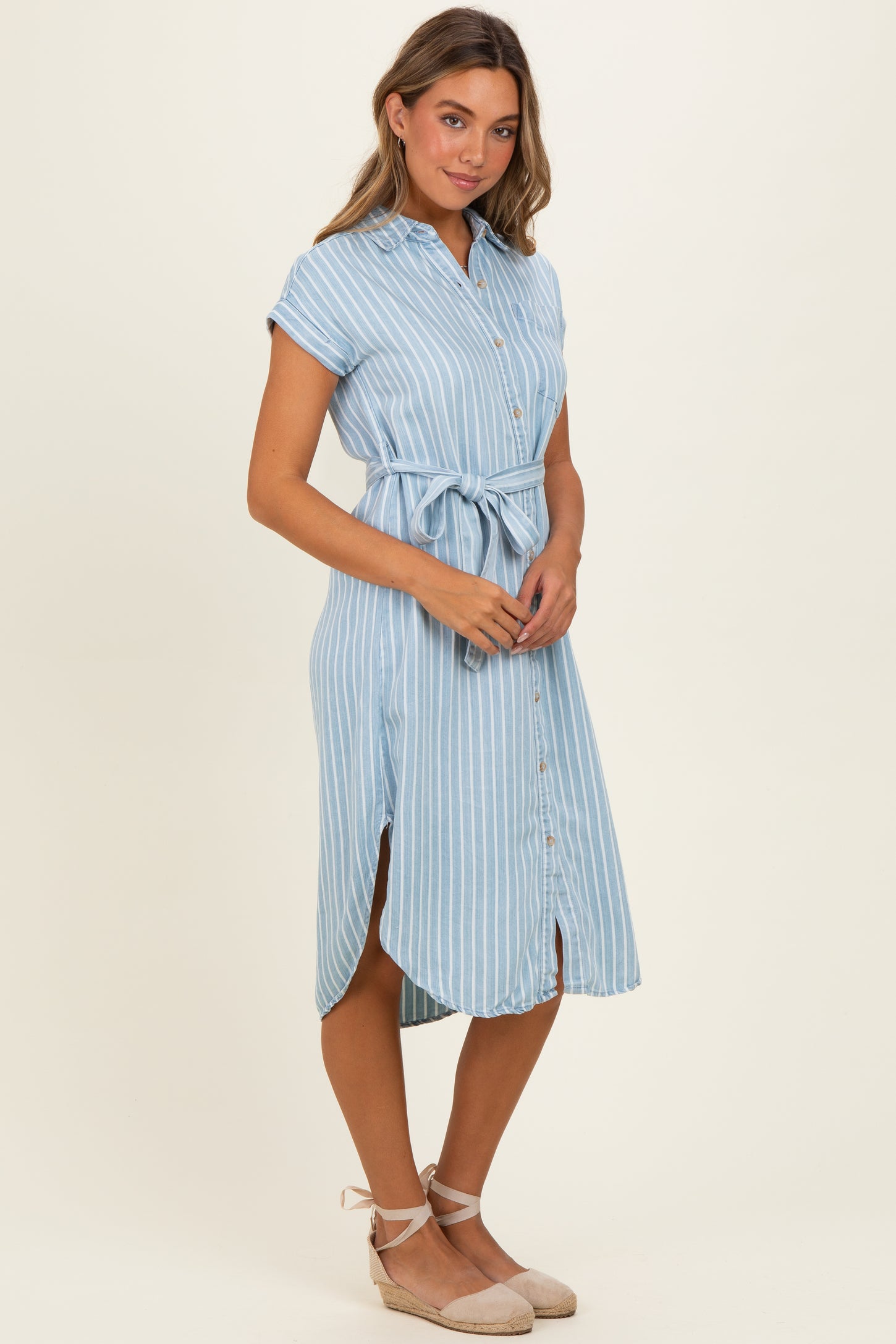 Light Blue Striped Chambray Midi Shirt Dress
