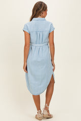 Light Blue Striped Chambray Midi Shirt Dress