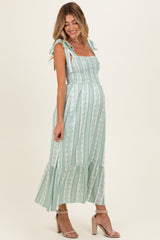 Sage Floral Stripe Smocked Shoulder Tie Maternity Midi Dress