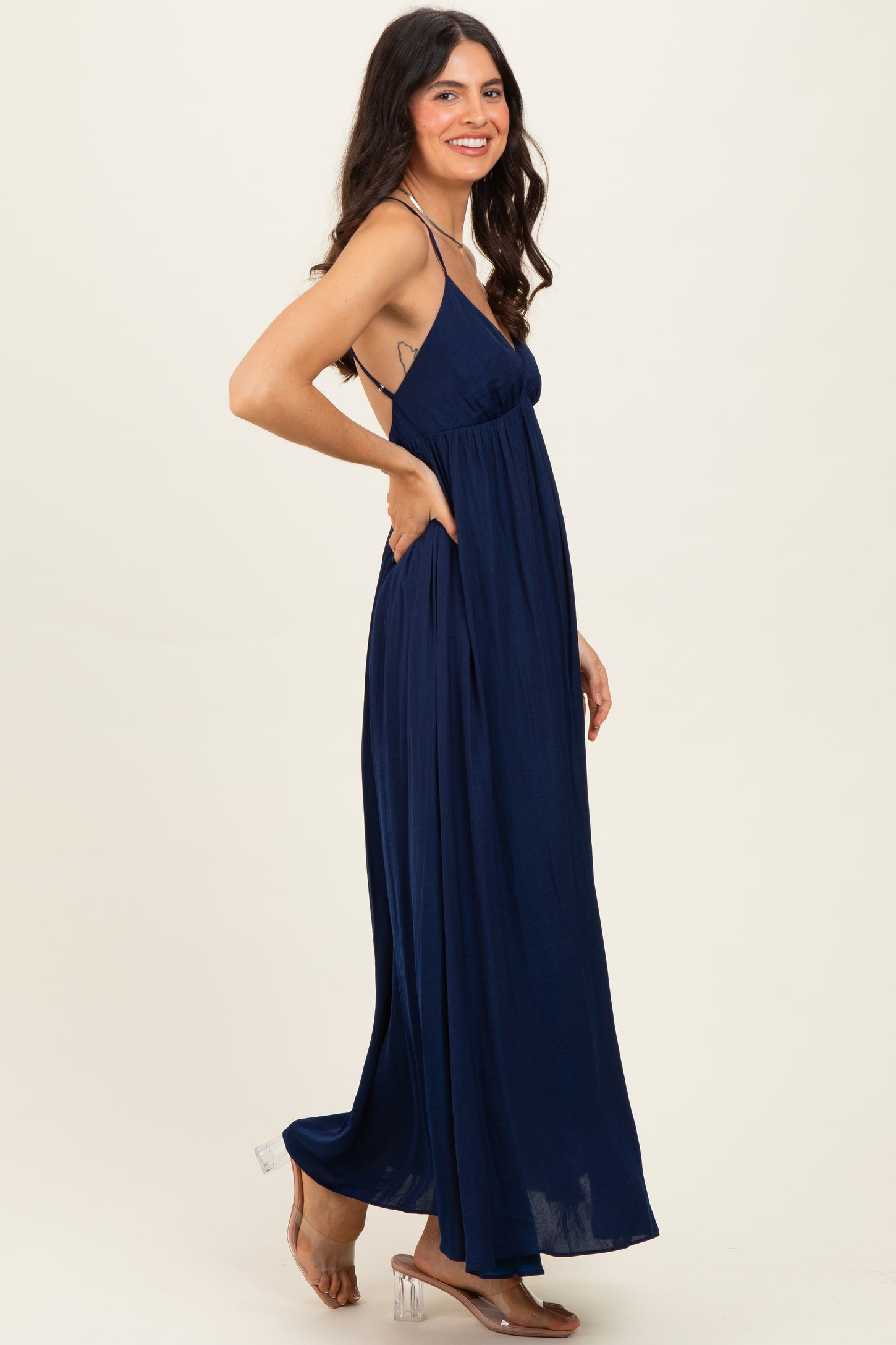Navy V-Neck Open Back Maxi Dress
