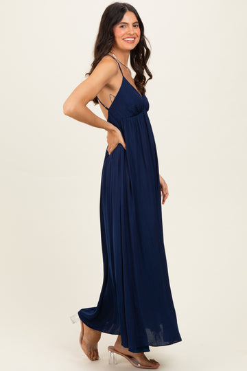 Navy V-Neck Open Back Maxi Dress