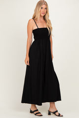Black Pom Pom Strap Smocked Maxi Dress