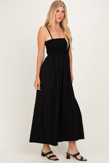 Black Pom Pom Strap Smocked Maxi Dress